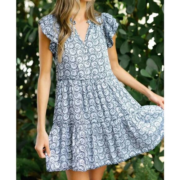 Omika Wilora Mini Dress Womens Small Blue Floral Tiered Pockets Ruffle Feminine - Picture 2 of 13